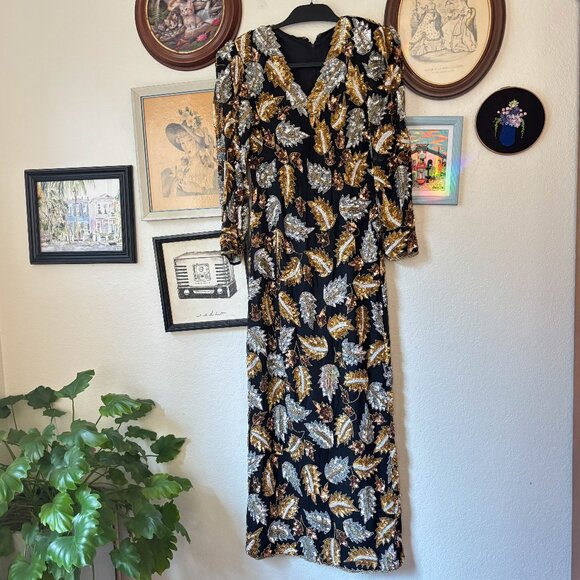 Vintage Beaded Leaf Long Gold Silver & Black Dress - Picture 2 of 3